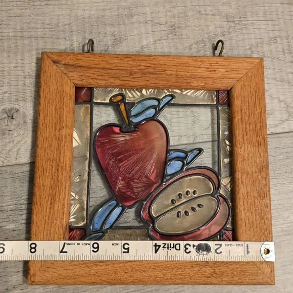 Vintage Stained Glass Apple Window Panel Hanging Sun Catcher Wood Frame - Picture 6 of 8